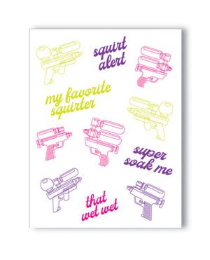 Illustration of colorful water guns with playful phrases like "squirt alert" and "super soak me" on a white background.