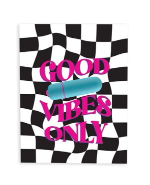 A graphic poster with a checkered background and the phrase "GOOD VIBES ONLY" in bold, stylized pink letters with a blue capsule overlaying the text.