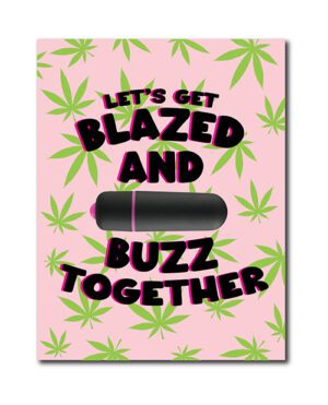 A pink invitation card with cannabis leaf patterns and the phrase "Let's get BLAZED AND BUZZ TOGETHER" with a central image of a rolled joint.