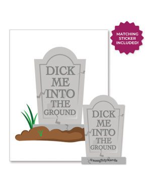 Illustration of a greeting card with a comical tombstone design and text, with a matching sticker indicated by a pink badge.