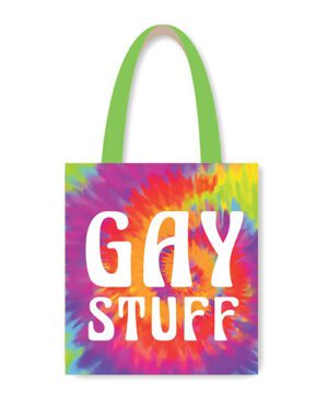 A tote bag with a rainbow tie-dye design and the words "GAY STUFF" in white block lettering.