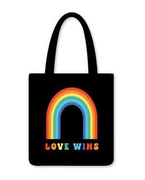 Black tote bag with a colorful rainbow design and the phrase "LOVE WINS" below it.