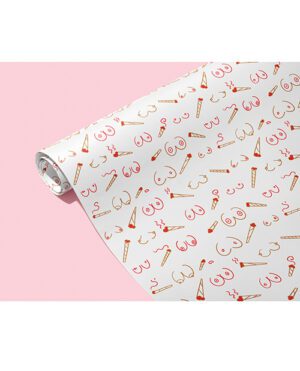 A roll of wrapping paper with cute illustrations on a pink background