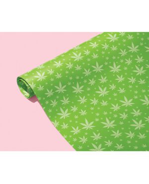 A roll of green wallpaper with a repeated cannabis leaf design on a pink background.