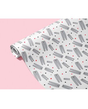 A roll of modern wallpaper with a geometric pattern on a pink background.