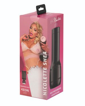 Product packaging featuring a male masturbator with an image of a woman in lingerie, named "Nicolette Shea," with text highlighting compatibility with the KEON device.