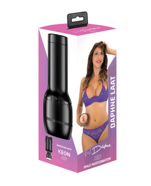 Product packaging featuring a male masturbator alongside an image of a woman in lingerie, designed for use with the KEON device.