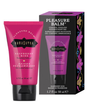 A pink tube of Kamasutra Raspberry Kiss body gel with black packaging, designed for cooling and tingling sensations.