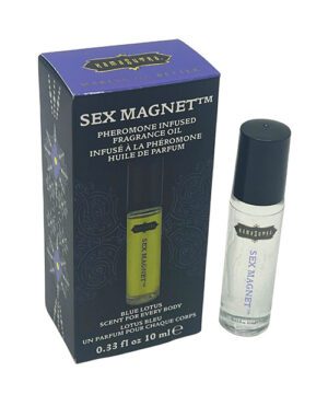 A product image featuring a box labeled "SEX MAGNET™ Pheromone Infused Fragrance Oil" next to a cylindrical perfume bottle with the same label. The box has a Blue Lotus scent description and states it contains 0.33 fl oz or 10 ml of the product.