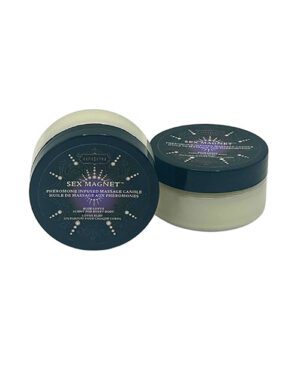 Two round massage candles labeled "Sex Magnet Pheromone Infused Massage Candle" on a white background.