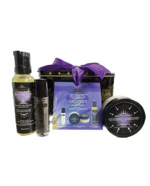 Assortment of luxury bath products including lotions and creams, presented with a gift box and ribbon.