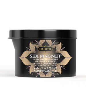 Black and gold massage candle container with "SEX MAGNET" branding and vanilla amber scent description.