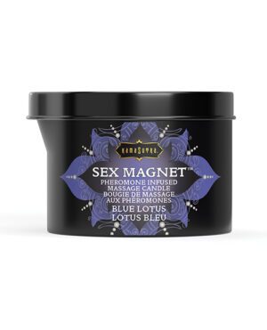 A black container with "Kama Sutra Sex Magnet Pheromone Infused Massage Candle Blue Lotus" label on it.