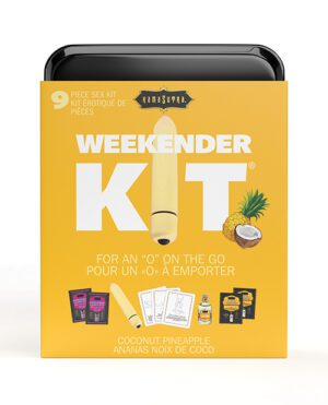 A KamaSutra branded Weekender Kit packaging with the tagline "For an 'O' on the go," displaying product contents including coconut pineapple oil.