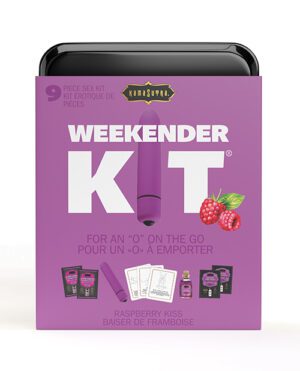 A KamaSutra branded Weekender Kit box in purple with product illustrations and descriptions.