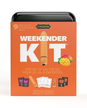 A KamaSutra branded 'Weekender Kit' packaging with the text 'For an "O" on the go,' featuring an illustration of the kit contents and a tropical mango theme.