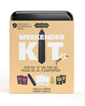 A product image featuring the KamaSutra Weekender Kit with items displayed such as a bullet vibrator, lubricants, and other accessories.