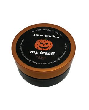 A massage candle with Halloween-inspired packaging, featuring the slogan "Your trick... my treat!" and a pumpkin graphic.