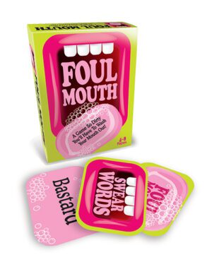 A box of the game "FOUL MOUTH" with an open mouth and teeth graphic, alongside pink cards with phrases visible, implying the game involves saying swear words. The box indicates it's suitable for ages 18+ and for 4-8 players.