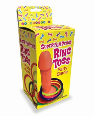 A colorful box packaging for the "Super Fun Penis Ring Toss" party game featuring a novelty toy and rings.