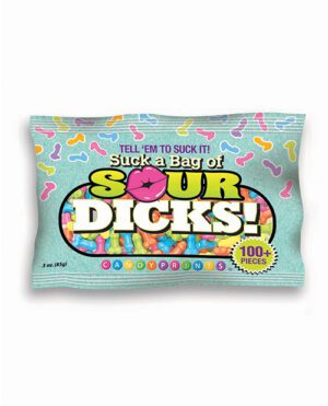 A bag of candy with a playful and bold design featuring colorful patterns and text.