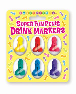 Packaging for a set of colorful, penis-shaped drink markers by Candyprints, displayed on a yellow background with multicolored accents.