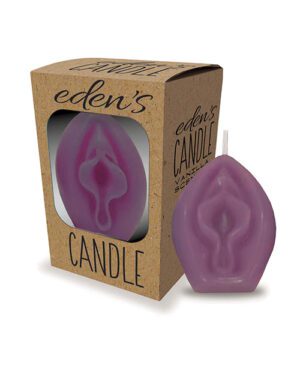 A purple, flame-shaped candle with a white wick next to its cardboard packaging box which has a window revealing the candle inside. The box is labeled "eden's CANDLE" with additional text that is not fully legible.