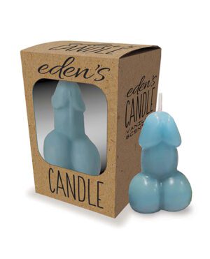 A blue candle shaped like a torso beside its brown cardboard packaging with a window displaying the product and "eden's CANDLE" text on it.