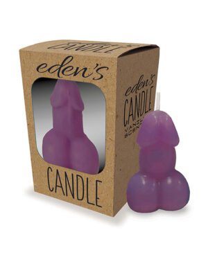 A purple candle with a unique shape is standing next to its cardboard packaging which has a window showing the product inside. The box is labeled with "eden's CANDLE" in stylized font.