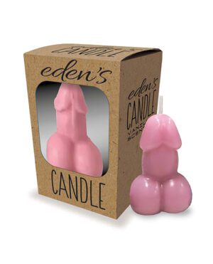 A pink novelty candle shaped like a torso with buttocks is displayed next to its cardboard packaging, which has a viewing window and is labeled "eden's CANDLE."