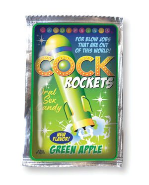 A packaged novelty candy called 'Cock Rockets' with a green apple flavor, designed with colorful text and graphics.