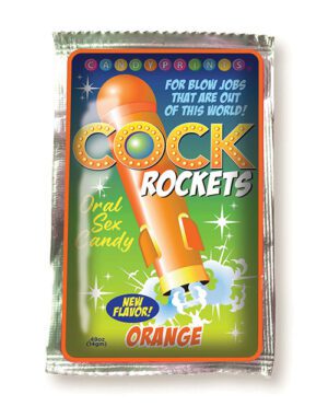 An image of a brightly colored candy package with thematic graphics and bold lettering advertising a new orange flavor.