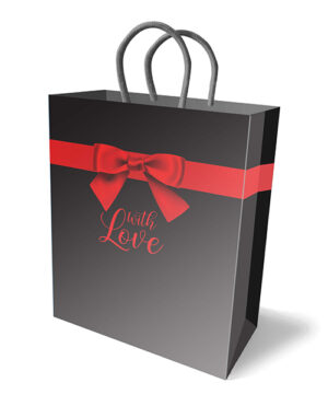 A stylish black gift bag featuring a red ribbon and the text "with Love."