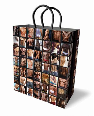 A shopping bag covered with various images of muscular torsos and arms.