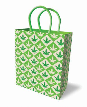 A paper shopping bag with a green cannabis leaf pattern design, featuring green rope handles.