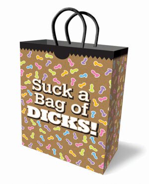 Paper gift bag with colorful pattern and bold phrase printed on the side.