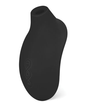 A close-up view of a sleek black silicone massager designed for personal use, featuring a tapered opening and ergonomic shape.