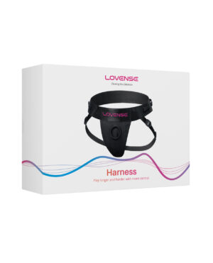 A boxed Lovense harness designed for enhanced control during use, featuring the brand logo and a description encouraging longer play.