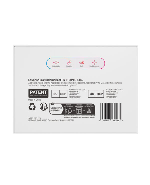 Back view of packaging displaying features and trademark information for Lovense product by HYTTO PTE LTD.