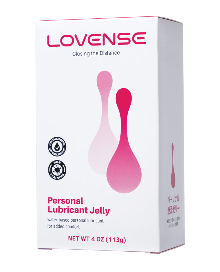 A vibrant box for Lovense Personal Lubricant Jelly, featuring a sleek design with pink droplets and a clear product label indicating it's a water-based, hypoallergenic, and non-staining personal lubricant.