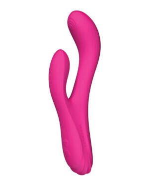 A sleek pink dual-ended vibrator designed for enhanced pleasure with ergonomic curves and easy-to-use controls.