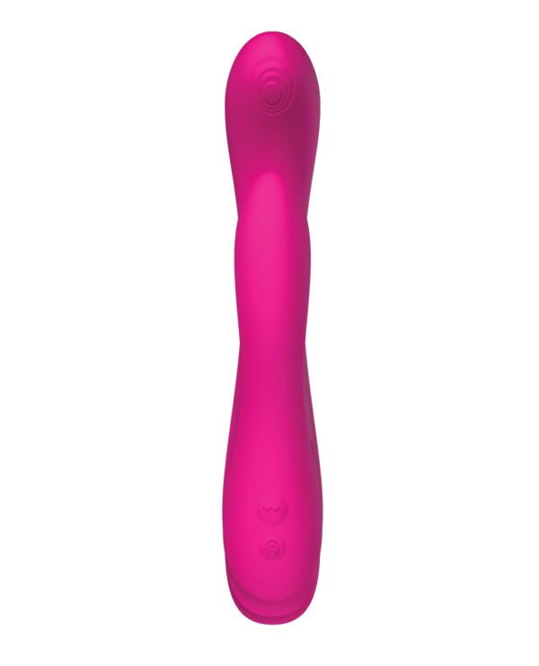 A sleek, modern personal massager in vibrant pink, featuring ergonomic design and control buttons for ease of use.