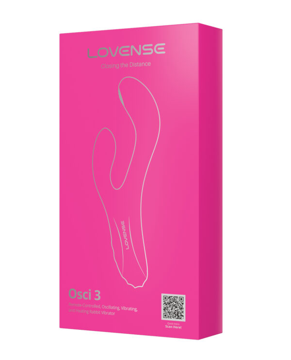 A vibrant pink box displaying the Lovense Osci 3, a remote-controlled rabbit vibrator, with detailed product information and a QR code for quick access.