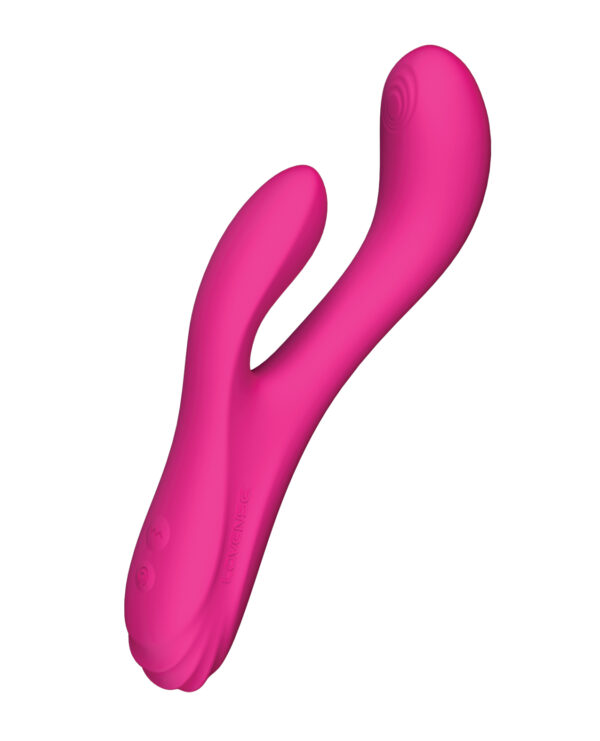 A sleek, modern vibrator with dual stimulation features, designed for personal enjoyment, presented in a bright pink color.