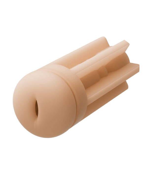 A close-up view of a skin-toned, cylindrical accessory designed for adult use, featuring a rounded end and multiple ridges along its length.