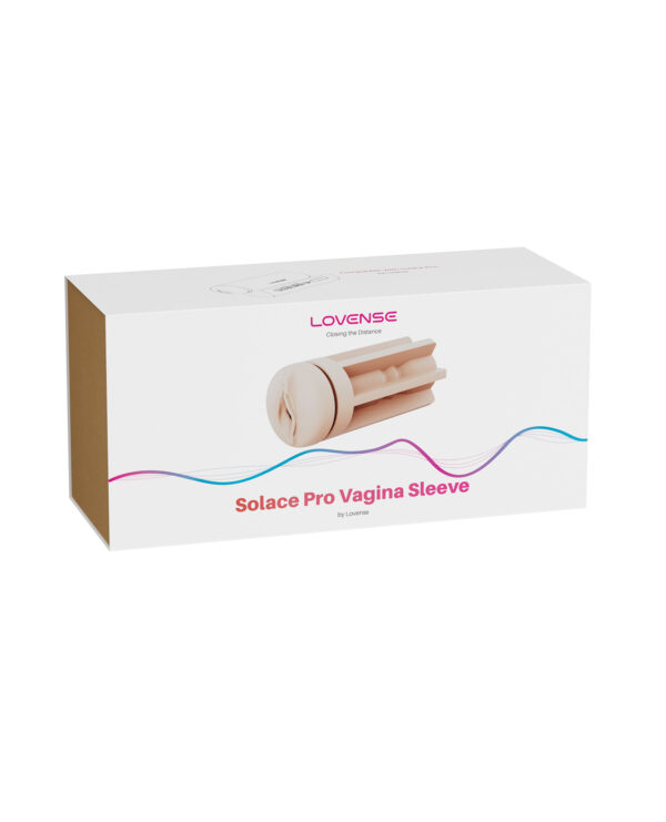 A box displaying the Lovense Solace Pro Vagina Sleeve, featuring the product prominently with branding and a sleek design.