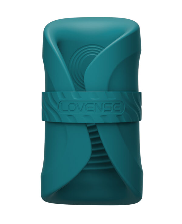 A teal-colored silicone device with a unique design, featuring the Lovense logo prominently on a band.