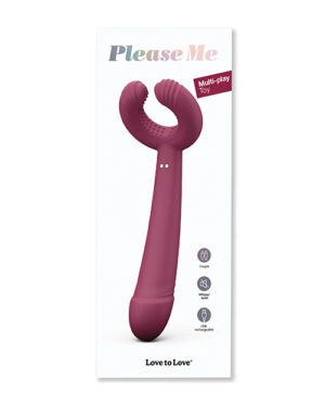 Product packaging for a 'Please Me' branded multi-play adult toy in magenta, highlighting various features such as being couple-friendly, waterproof, and rechargeable.