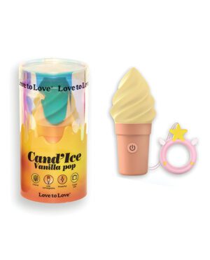 A scented candle called "Cand'Ice Vanilla pop" with a melted ice cream design in a clear glass container, next to a silicone ice cream shaped teether for babies.