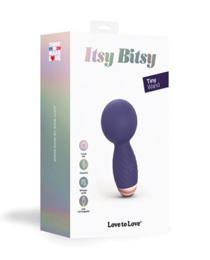 Product packaging for "Itsy Bitsy Tiny Wand" by Love to Love, highlighting travel-friendly, powerful, whisper-quiet features, and USB rechargeability.